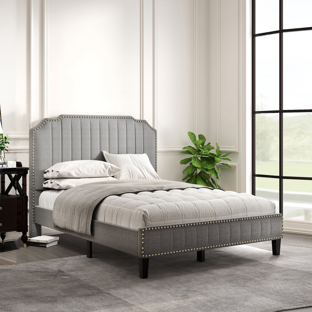 Modern Linen Curved Upholstered Platform Bed , Solid Wood Frame , Nailhead Trim (Full)
