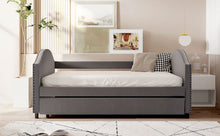 Lade das Bild in den Galerie-Viewer, Full size Upholstered Daybed with Twin Size Trundle, Wood Slat Support, Gray

