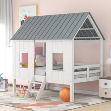 Lade das Bild in den Galerie-Viewer, Twin Size Low Loft House Bed with Roof and Two Front Windows , White
