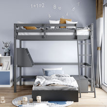 Görseli Galeri görüntüleyiciye yükleyin, Twin Size Loft Bed Wood Bed with Convertible Lower Bed, Storage Drawer and Shelf ( Gray )

