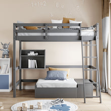Charger l&#39;image dans la galerie, Twin Size Loft Bed Wood Bed with Convertible Lower Bed, Storage Drawer and Shelf ( Gray )

