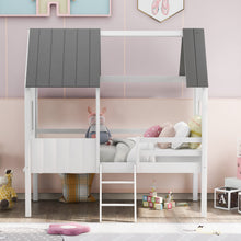 Charger l&#39;image dans la galerie, Twin Size Low Loft Wood House Bed with Two Side Windows, for Kids, Teens, Girls, Boys, (Normal Gray+Normal White)
