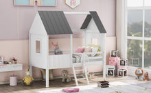 Carica l&#39;immagine nel visualizzatore di Gallery, Twin Size Low Loft Wood House Bed with Two Side Windows, for Kids, Teens, Girls, Boys, (Normal Gray+Normal White)
