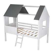 Charger l&#39;image dans la galerie, Twin Size Low Loft Wood House Bed with Two Side Windows, for Kids, Teens, Girls, Boys, (Normal Gray+Normal White)

