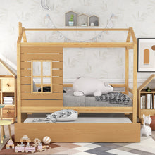 Charger l&#39;image dans la galerie, Twin Size House Bed Wood Bed with Twin Size Trundle ( Natural )
