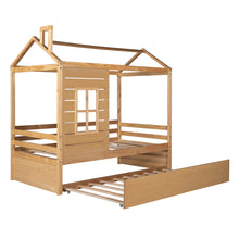 Görseli Galeri görüntüleyiciye yükleyin, Twin Size House Bed Wood Bed with Twin Size Trundle ( Natural )
