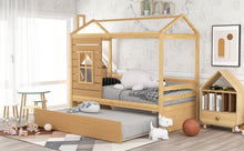 Carica l&#39;immagine nel visualizzatore di Gallery, Twin Size House Bed Wood Bed with Twin Size Trundle ( Natural )
