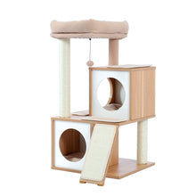 Carica l&#39;immagine nel visualizzatore di Gallery, Cat Tree Wood Cool Sisal Scratching Post Kitten Furniture Plush Condo Playhouse with Dangling Toys Cats Activity Centre Beige
