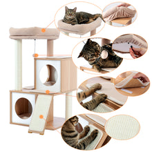 Carica l&#39;immagine nel visualizzatore di Gallery, Cat Tree Wood Cool Sisal Scratching Post Kitten Furniture Plush Condo Playhouse with Dangling Toys Cats Activity Centre Beige
