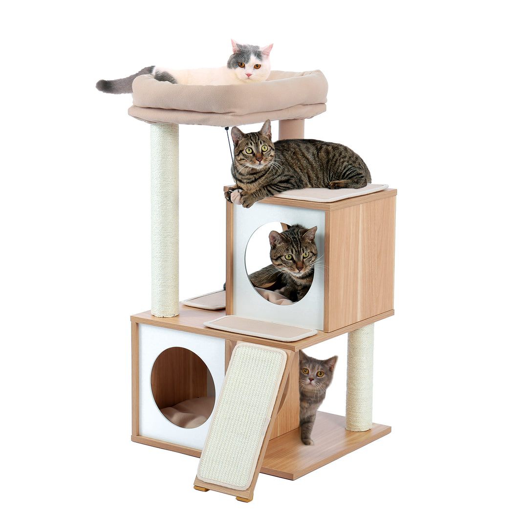 Cat Tree Wood Cool Sisal Scratching Post Kitten Furniture Plush Condo Playhouse with Dangling Toys Cats Activity Centre Beige
