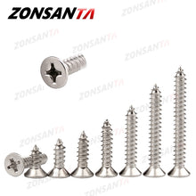 Load image into Gallery viewer, ZONSANTA M1.4 M1.7 M2 M2.3 M2.6 M3 M4 M5 M6 304 Stainless steel Cross recessed countersunk Flat head tapping screws Wood Screw
