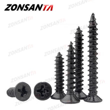 Load image into Gallery viewer, ZONSANTA 50Pcs M1.4 M1.7 M2 M2.3 M2.6 M3 M4 Carbon steel Black Cross recessed countersunk Flat head tapping screws Wood Screw
