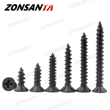 Load image into Gallery viewer, ZONSANTA 50Pcs M1.4 M1.7 M2 M2.3 M2.6 M3 M4 Carbon steel Black Cross recessed countersunk Flat head tapping screws Wood Screw

