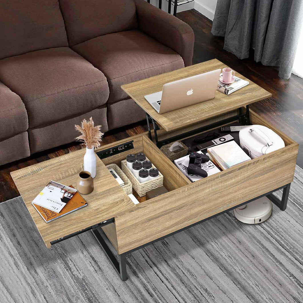 Wooden Lift Top Coffee Table with Storage Hidden Compartment & Charging Station Living Room Center Table for Home