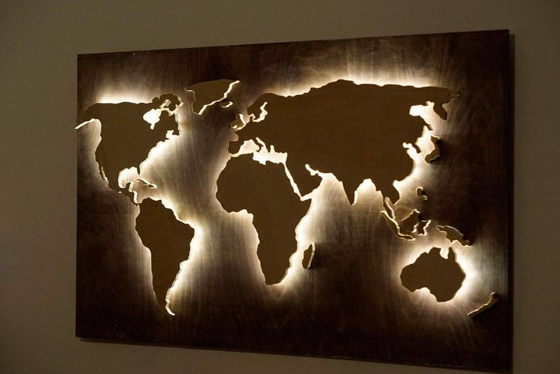Wood World Map wall art, Flat earth, LED world map as wall decor and art decoration for wall hanging, ambient light decor