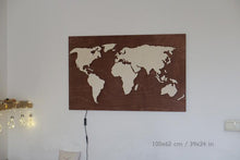Charger l&#39;image dans la galerie, Wood World Map wall art, Flat earth, LED world map as wall decor and art decoration for wall hanging, ambient light decor
