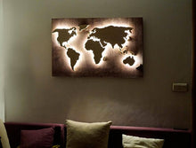 Load image into Gallery viewer, Wood World Map wall art, Flat earth, LED world map as wall decor and art decoration for wall hanging, ambient light decor
