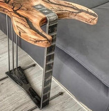 Load image into Gallery viewer, Coffee/Side/End/Guitar Table Wood Raund/Fractal burnt Live Edge Rustic Unique River custom reclaimed luxury Wooden slab nightstand/bed table
