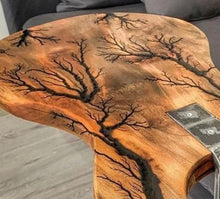 Lade das Bild in den Galerie-Viewer, Coffee/Side/End/Guitar Table Wood Raund/Fractal burnt Live Edge Rustic Unique River custom reclaimed luxury Wooden slab nightstand/bed table
