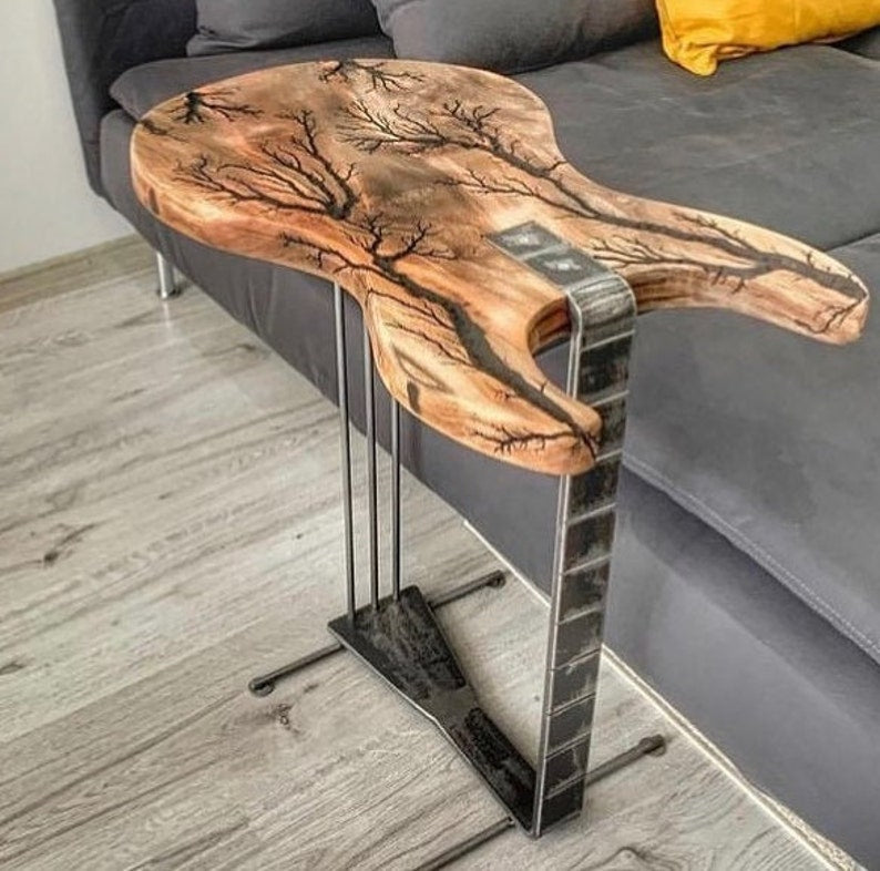 Coffee/Side/End/Guitar Table Wood Raund/Fractal burnt Live Edge Rustic Unique River custom reclaimed luxury Wooden slab nightstand/bed table